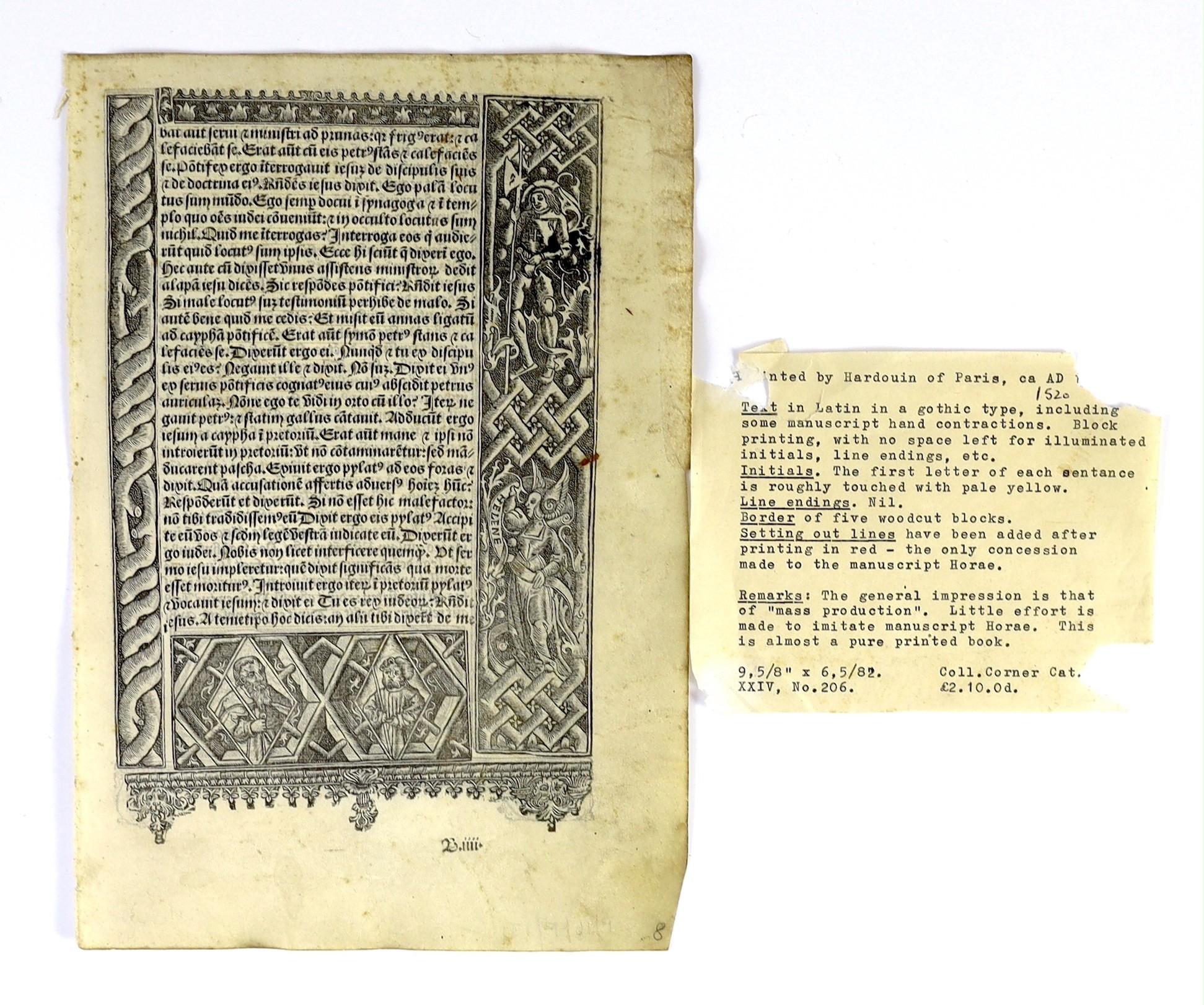 A leaf from an early 16th century French Book of Hours, circa 1520, the printing attributed to Germain Hardouyn of Paris, in Gothic type Latin, with the first letter of each sentence highlighted in pale yellow, within wo